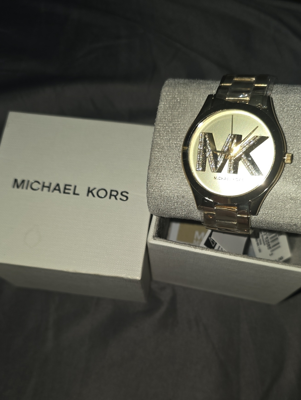 Michael Kors Gold and Crystal MK Logo Bracelet Watch